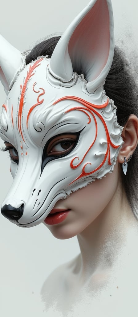 selective color. A close-up image of a breathtaking young woman wearing a half-broken Kitsune mask. The mask, adorned with swirling red accents, is crafted in white porcelain with a chipped edge and fox-like ears. It covers one side of her face, revealing her other strikingly beautiful features. The visible eye is deep and expressive. The image begins in a Charcoal sketch style, transitioning into soft, muted colors as the scene becomes more realistic. Dramatic lighting casts shadows across her face and mask, with an abstract white background that emphasizes the contrast between the mask and her features.,   