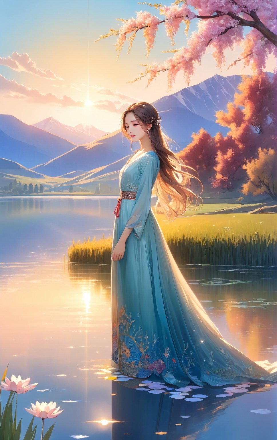 1 girl, serene expression, mesmerizing eyes, straight long hair, flowing dress, poised posture, porcelain skin, subtle blush, crystal pendant BREAK golden hour, (rim lighting):1.2, warm tones, sun flare, soft shadows, vibrant colors, painterly effect, dreamy atmosphere BREAK scenic lake, distant mountains, willow tree, calm water, reflection, sunlit clouds, peaceful ambiance, idyllic sunset, ultra detailed, official art, unity 8k wallpaper , zentangle, mandala