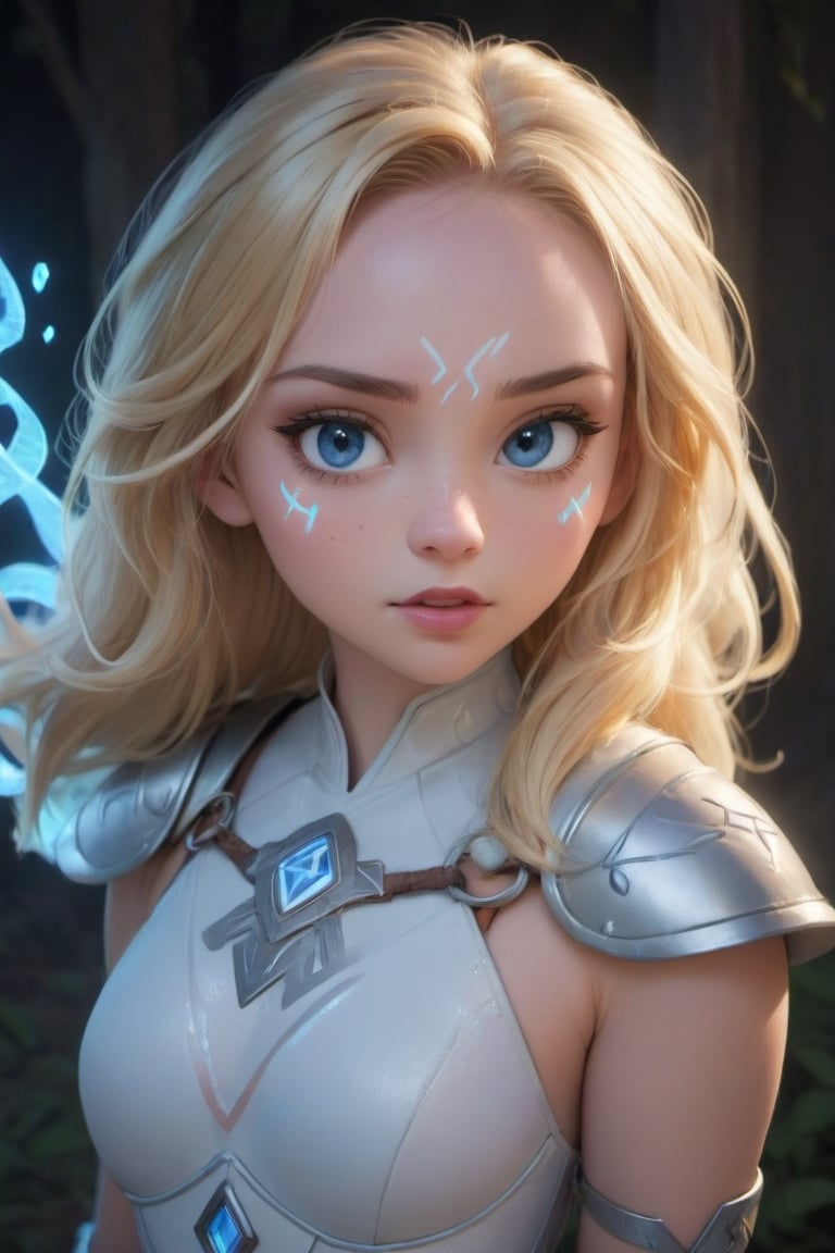 glowing white runes, A beautiful woman with blonde hair and blue eyes, she's wearing glowing rune armor, portrait, glowing white runes on her face, cartoon, cartoon realistic,disney pixar style