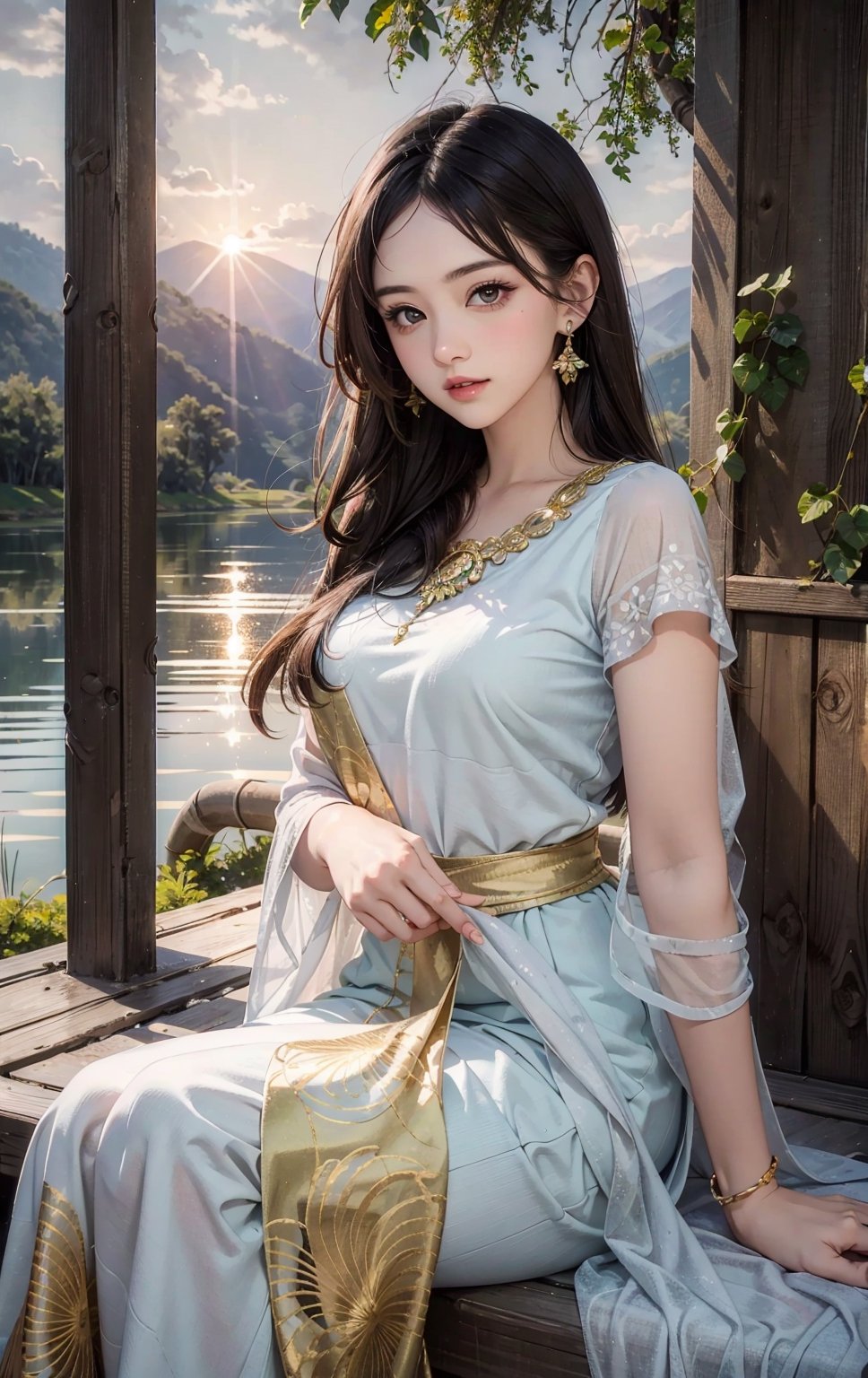 1 girl, serene expression, mesmerizing eyes, straight long hair, flowing dress, poised posture, porcelain skin, subtle blush, crystal pendant BREAK golden hour, (rim lighting):1.2, warm tones, sun flare, soft shadows, vibrant colors, painterly effect, dreamy atmosphere BREAK scenic lake, distant mountains, willow tree, calm water, reflection, sunlit clouds, peaceful ambiance, idyllic sunset, ultra detailed, official art, unity 8k wallpaper , zentangle, mandala,wearing wrenchpjbss