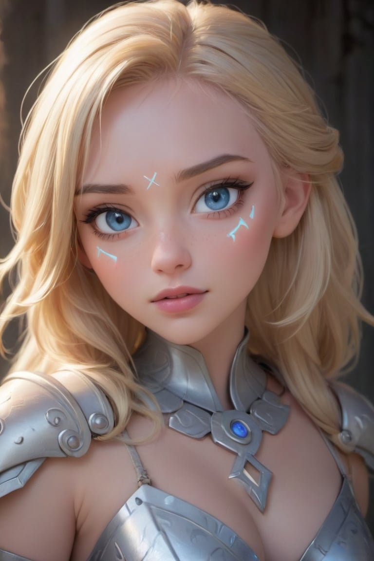 glowing white runes, A beautiful woman with blonde hair and blue eyes, she's wearing glowing rune armor, portrait, glowing white runes on her face, cartoon, cartoon realistic,disney pixar style