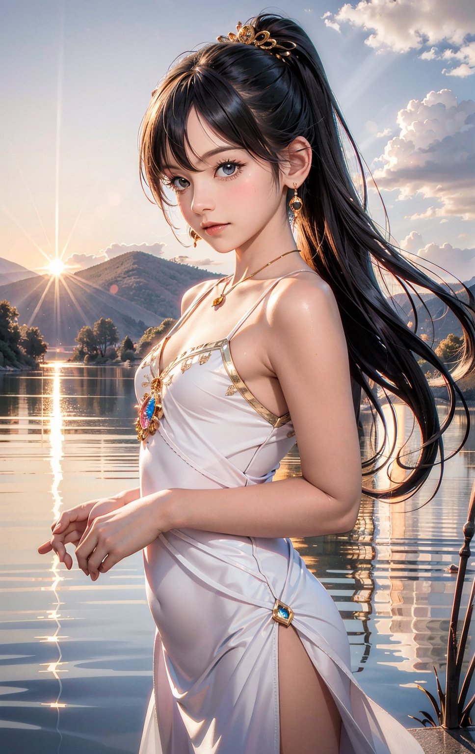 1 girl, serene expression, mesmerizing eyes, straight long hair, flowing dress, poised posture, porcelain skin, subtle blush, crystal pendant BREAK golden hour, (rim lighting):1.2, warm tones, sun flare, soft shadows, vibrant colors, painterly effect, dreamy atmosphere BREAK scenic lake, distant mountains, willow tree, calm water, reflection, sunlit clouds, peaceful ambiance, idyllic sunset, ultra detailed, official art, unity 8k wallpaper , zentangle, mandala,wearing wrenchpjbss,AIDA_LoRA_LauraB