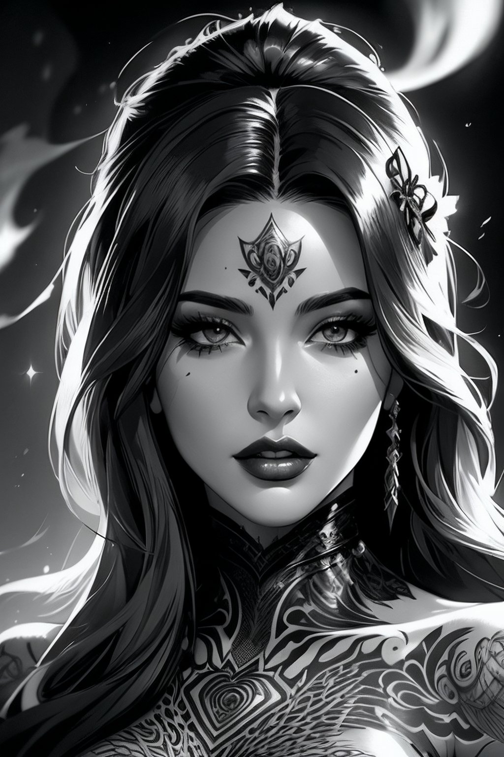 female, fantasy, beauty, in the style of noir comic art, realistic hyper-detailed portraits, tattoo, black and white grayscale, chicano art, realistic yet romantic, flowing lines --ar 23:36 --stylize 750 --v 6