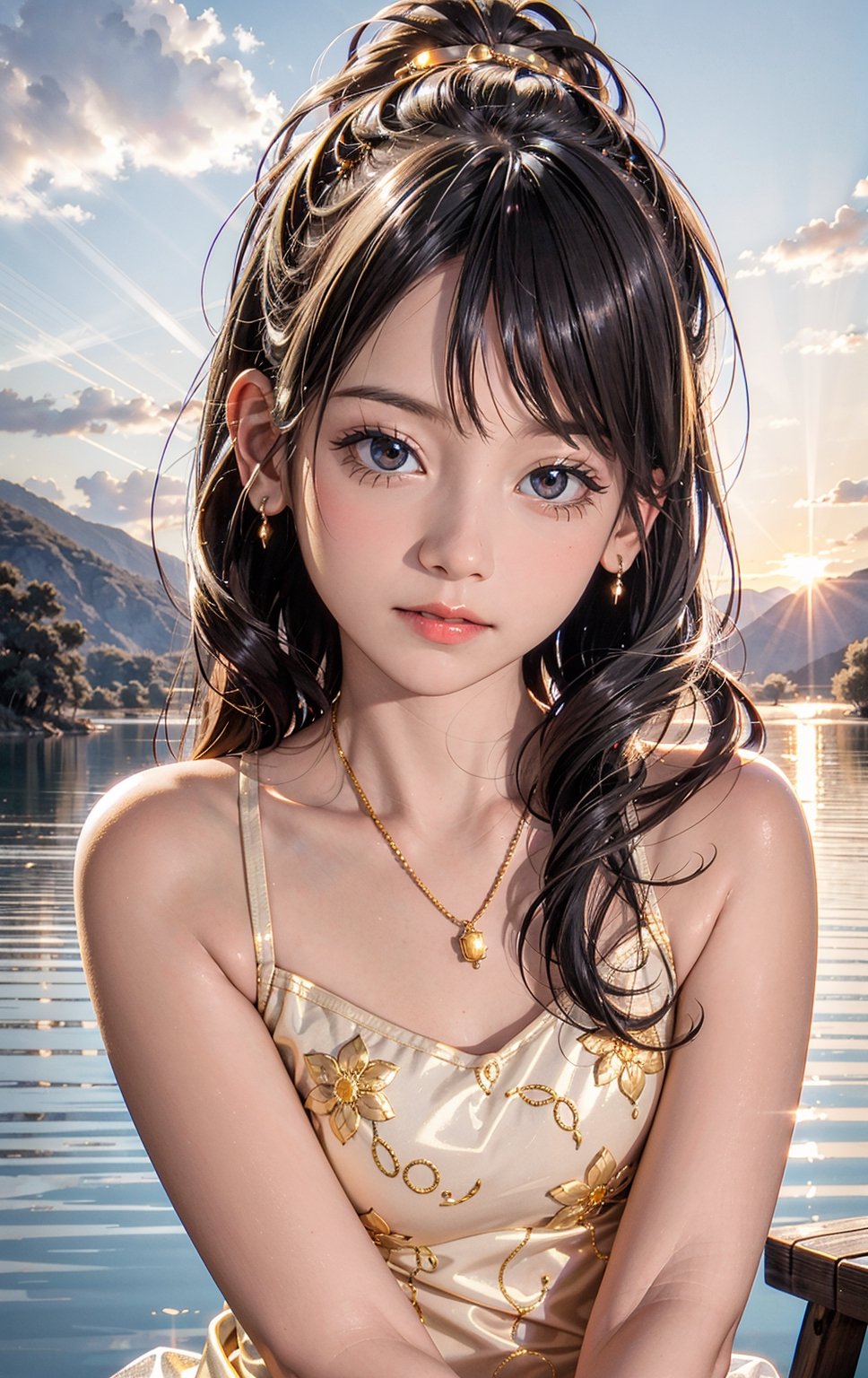 1 girl, serene expression, mesmerizing eyes, straight long hair, flowing dress, poised posture, porcelain skin, subtle blush, crystal pendant BREAK golden hour, (rim lighting):1.2, warm tones, sun flare, soft shadows, vibrant colors, painterly effect, dreamy atmosphere BREAK scenic lake, distant mountains, willow tree, calm water, reflection, sunlit clouds, peaceful ambiance, idyllic sunset, ultra detailed, official art, unity 8k wallpaper , zentangle, mandala,wearing wrenchpjbss,AIDA_LoRA_LauraB