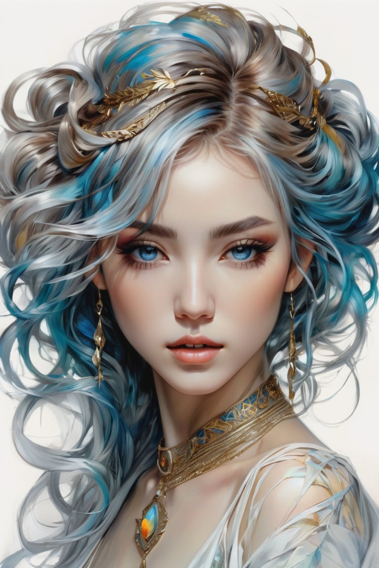 Beautiful sexy Japanese elf girl, concept art, 8k intricate details, surreal fairytale style, head tilt, upper body, oversized detailed {blue|haze|} eyes, looking down, seductive, textured hair, simple {charcoal|white} background, soft muted pastel colored pencil illustration, intricate gold filigree necklace, from side, multicolored {brown|black|white} hair, wispy curled hair, style of Carne Griffiths, (unfinished sketch), extremely high detail,midjourney,1 girl,Mysticstyle
