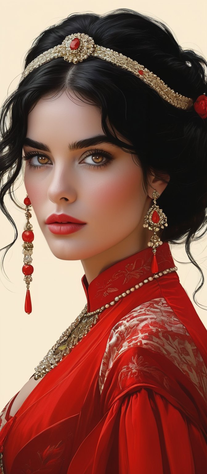 More about Elegant Portrait: Woman in Red and White An illustrated portrait of a woman with striking eyes and black hair, wearing a red and white historical dress, adorned with elegant jewelry.