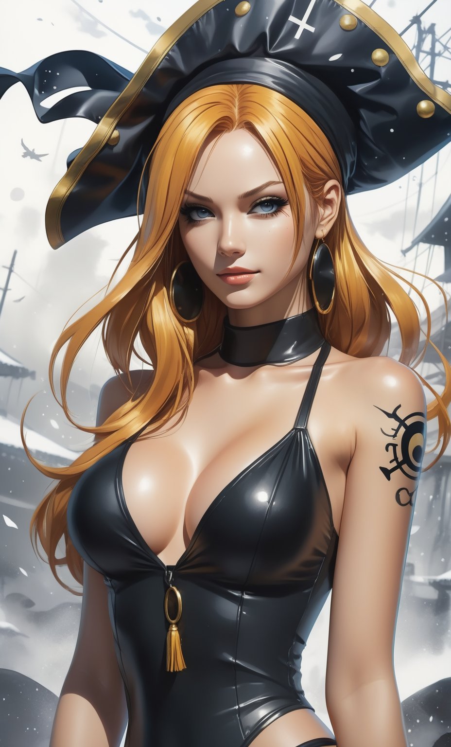 Nami One Piece Main characters, urban Comics, black and gold flag ornaments, Marvel, sci fi, highly technology, iconographic, glitch background, , watercolor, ink, mist, interactive image, highly detailed, art style by Clayton Crain + Ross Tran + Rachel Walpole + Jeszika Le Vye + Dan Volbert + Simon Stalenhag + Brian Stelfreeze