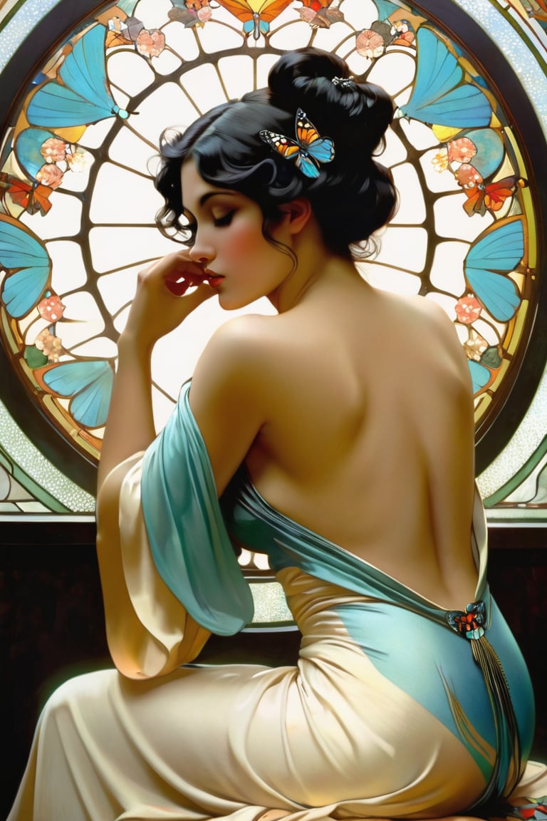 Alphonse Mucha,orcle, (solo:1.2),beautiful back woman,(black hair:1.3),bare shoulder,longeyelashes, Chubby,butterfly,Backless dress,sitting, (back view:1.3),perfecteyes,