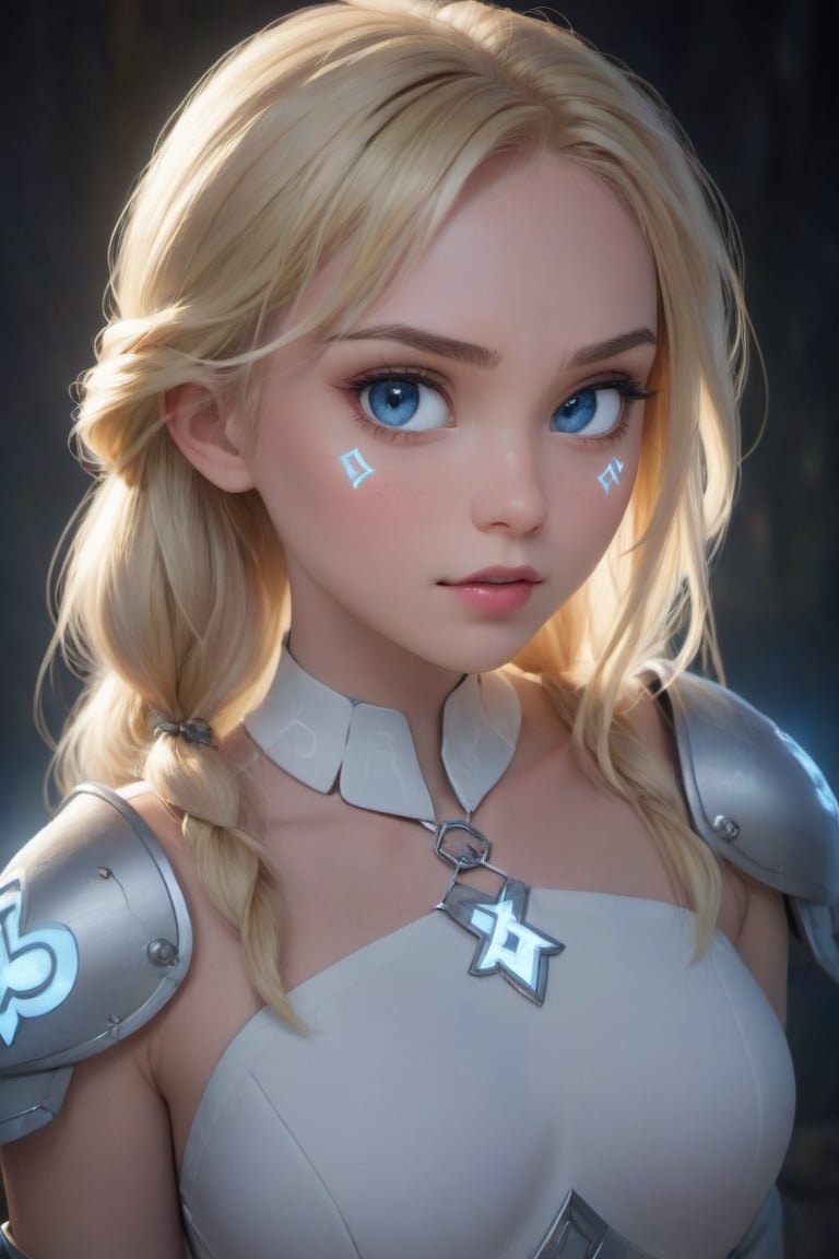 glowing white runes, A beautiful woman with blonde hair and blue eyes, she's wearing glowing rune armor, portrait, glowing white runes on her face, cartoon, cartoon realistic,disney pixar style