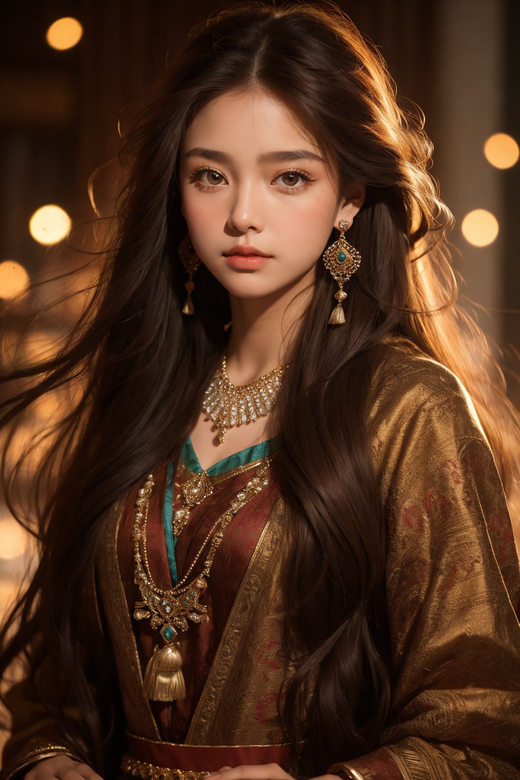  sdmai, fanhua, 1girl, solo, long hair, jewelry, earrings, looking at viewer, blurry, lips, realistic, brown hair, hoop earrings, depth of field, brown eyes
