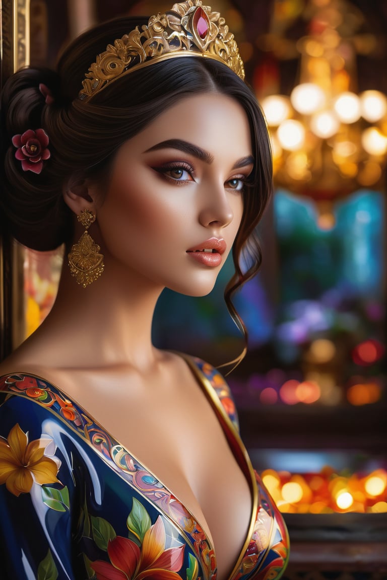 In a majestic, dark atmosphere, an exotic, voluptuous princess is depicted amidst intricate, elegant ceramic tile art featuring beautiful flowers. The smooth, sharp focus showcases the subject's refined features as she poses in front of a stunning, 8K ultra-detailed backdrop. Glowing effects enhance the ambiance, while vibrant colors pop against the rich, atmospheric background. With a deep depth of field and cinematic sensuality, this humorous illustration is a Masterpiece of concept art, blending hyperrealistic details with modelshoot style flair.,1 girl, 
