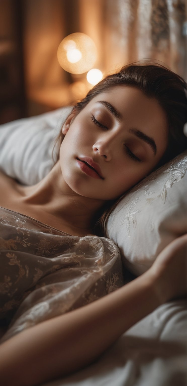 A captivating cinematic photo of a young woman lying on a bed in a dimly lit room. Her eyes are closed, and her skin is adorned with mesmerizing, ethereal patterns that undulate across her body, representing the memories of past touches. The warm, soft lighting and soothing color palette create an atmosphere of tranquility and nostalgia. The overall effect is a powerful and evocative visual representation of the profound impact that touch can have on our memories and emotions, captured in a single, stunning image., cinematic, photo