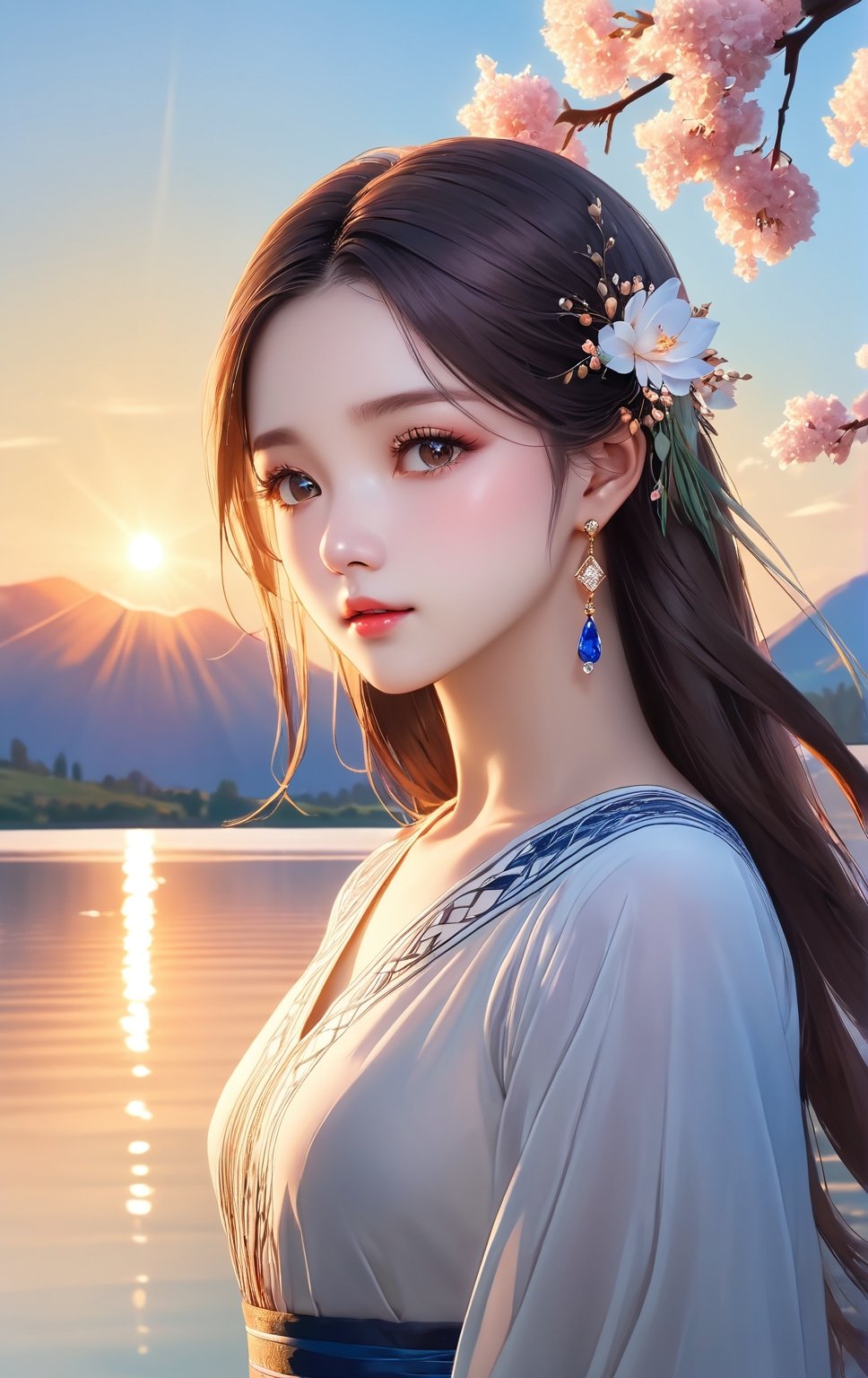 1 girl, serene expression, mesmerizing eyes, straight long hair, flowing dress, poised posture, porcelain skin, subtle blush, crystal pendant BREAK golden hour, (rim lighting):1.2, warm tones, sun flare, soft shadows, vibrant colors, painterly effect, dreamy atmosphere BREAK scenic lake, distant mountains, willow tree, calm water, reflection, sunlit clouds, peaceful ambiance, idyllic sunset, ultra detailed, official art, unity 8k wallpaper , zentangle, mandala