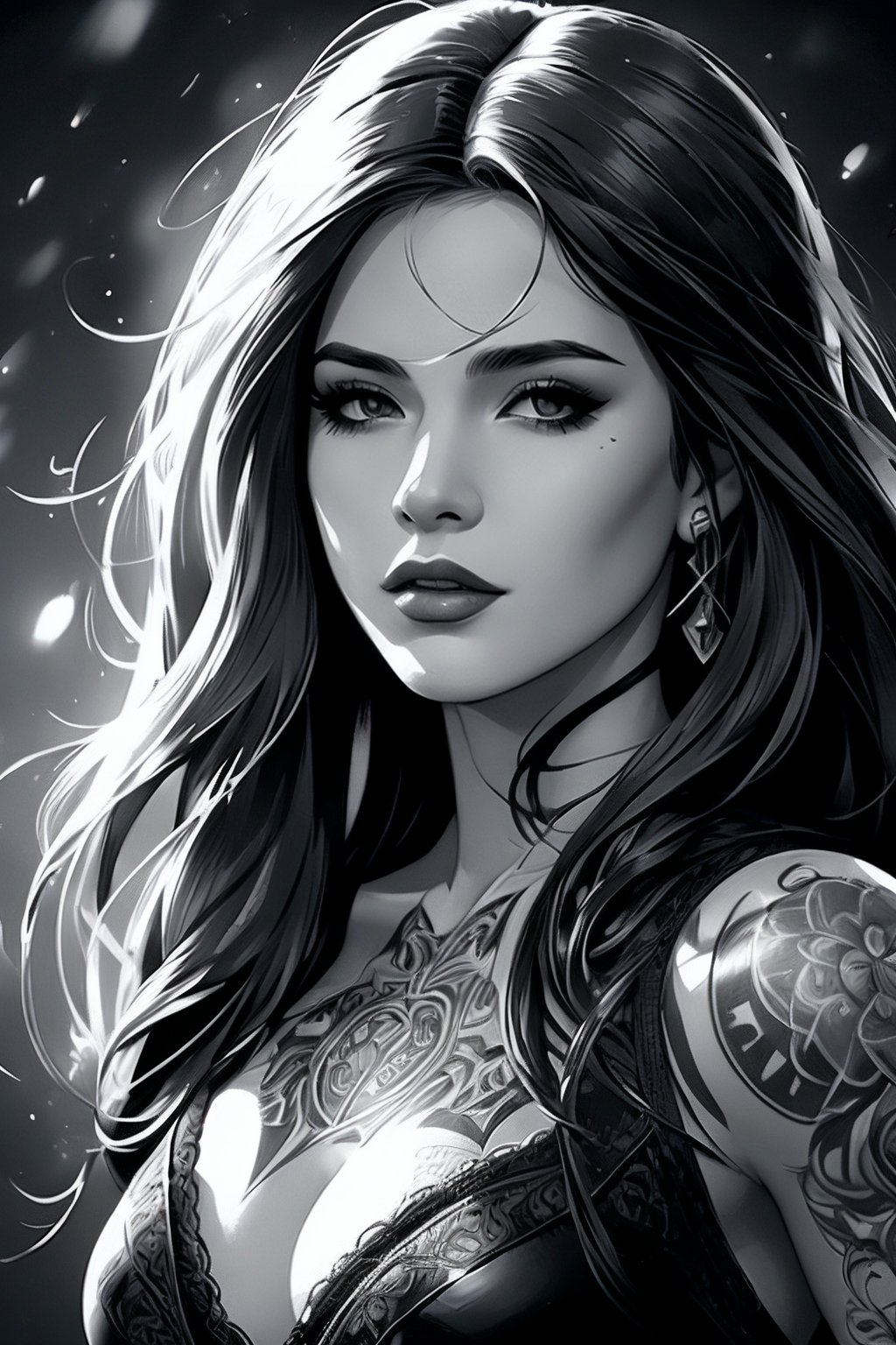 female, fantasy, beauty, in the style of noir comic art, realistic hyper-detailed portraits, tattoo, black and white grayscale, chicano art, realistic yet romantic, flowing lines --ar 23:36 --stylize 750 --v 6