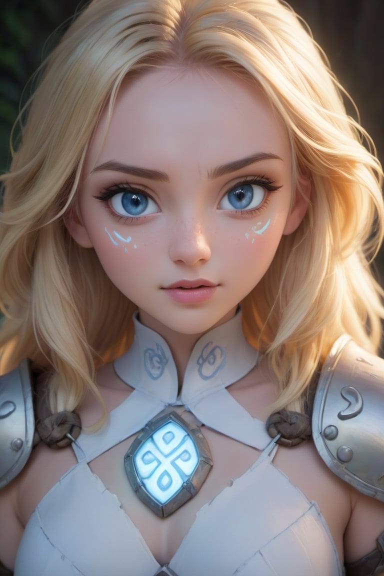 glowing white runes, A beautiful woman with blonde hair and blue eyes, she's wearing glowing rune armor, portrait, glowing white runes on her face, cartoon, cartoon realistic,disney pixar style