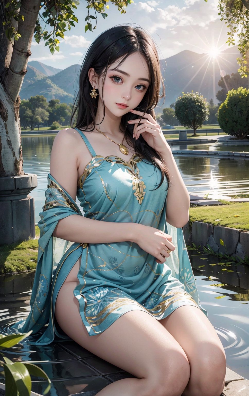 1 girl, serene expression, mesmerizing eyes, straight long hair, flowing dress, poised posture, porcelain skin, subtle blush, crystal pendant BREAK golden hour, (rim lighting):1.2, warm tones, sun flare, soft shadows, vibrant colors, painterly effect, dreamy atmosphere BREAK scenic lake, distant mountains, willow tree, calm water, reflection, sunlit clouds, peaceful ambiance, idyllic sunset, ultra detailed, official art, unity 8k wallpaper , zentangle, mandala,wearing wrenchpjbss