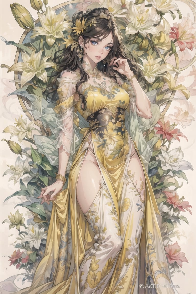 (Cinematic lighting, bloom), (outdoor), (Best Quality, Masterpiece, high resolution), (beautiful and detailed eyes), (realistic detailed skin texture), (detailed hair), (realistic light and detailed shadow), (real and delicate background), (half body), 1girl, A lady with long black hair, hair flower, earrings, chinese style Clothing, ancient cheongsam, Collarbone, Disgusted Scowl, parted lips, Transparent watercolor, ((yellow lily)), mucha art style,ancient_beautiful