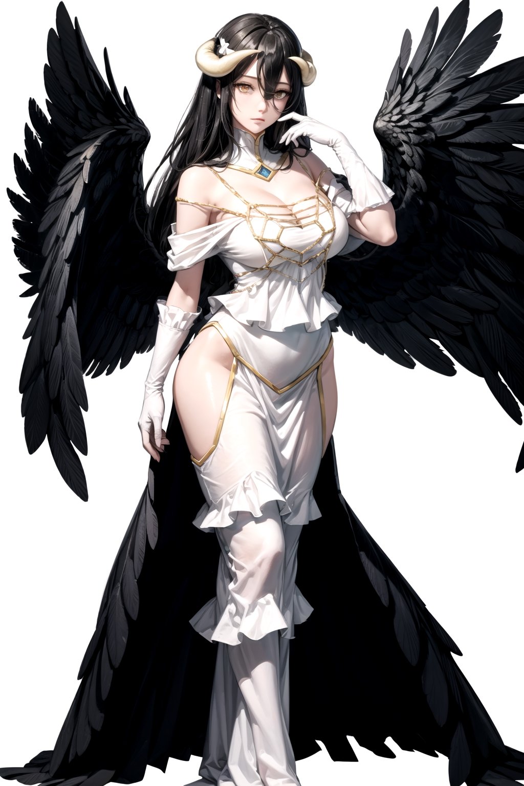 //Quality,
masterpiece, best quality
,//Character,
1girl, solo
,//Fashion,
,//Background,
white_background
,//Others,
,al1, demon horns, white gloves, white dress, bare shoulders, detached collar, cleavage, slit pupils, black wings, feathered wings, low wings,white dress,detached collar, full_body
