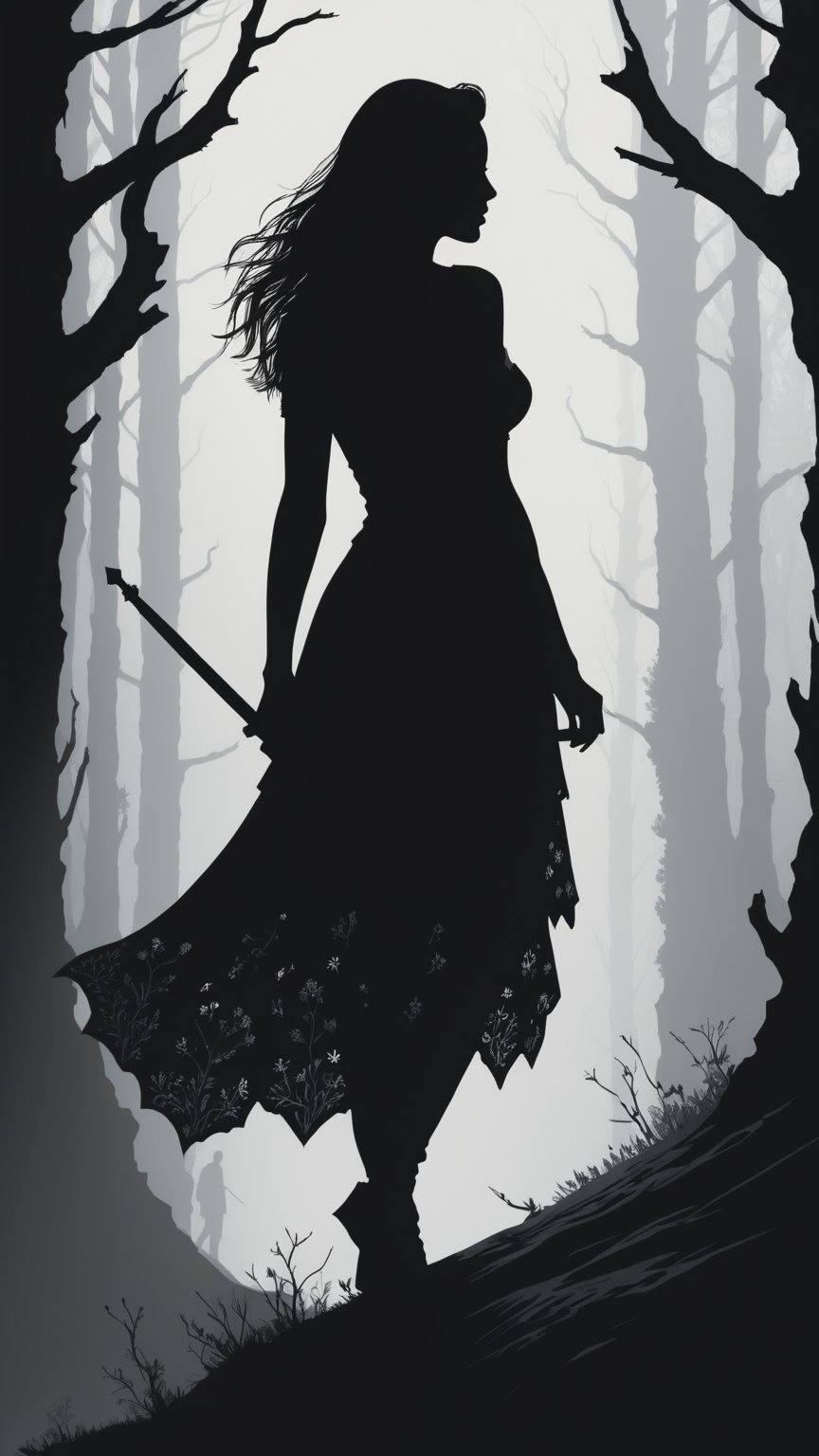 Against a pitch-black AMOLED wallpaper, the woman's silhouetted form emerges in stark contrast. In an illustration style reminiscent of Jakub Rozalski, her figure is rendered in delicate detail, with intricate textures and subtle shading. The minimalist background allows her shape to take center stage, as if she's been cut from a fantasy realm and deposited onto this dark, magical canvas.