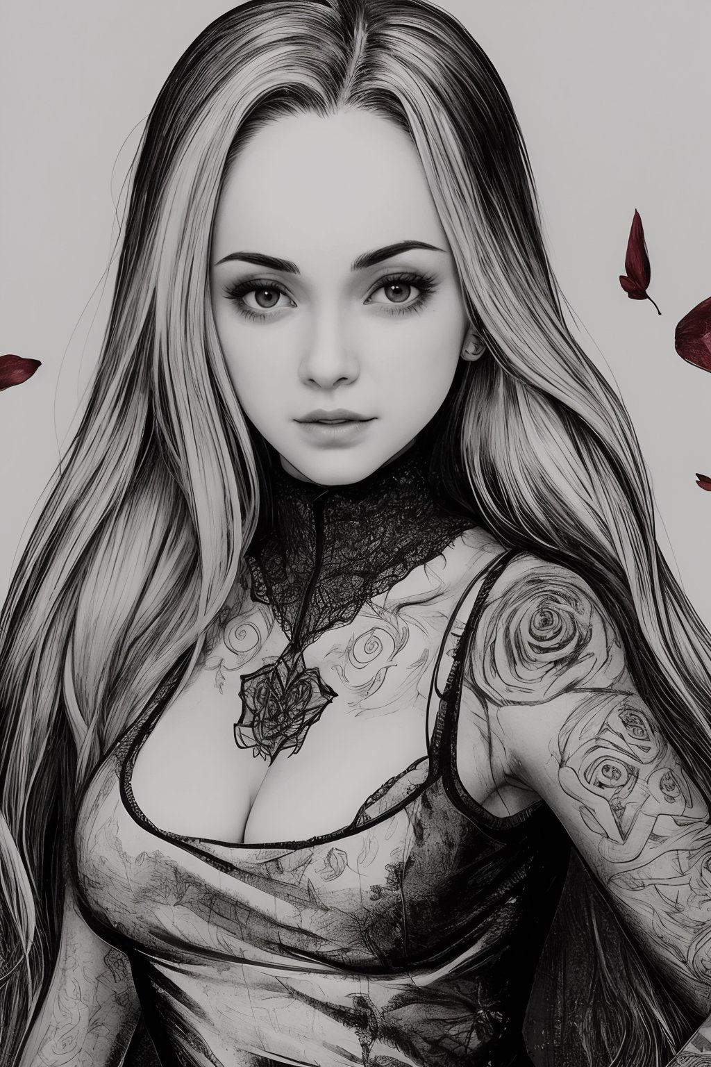 masterpiece, high quality, 1girl, solo, protrait, tattoo, hyper waifu, fcPortrait, blood, rose petals, upper body, simple background, illustration,
,highres,rayen dress,High detailed ,monochrome