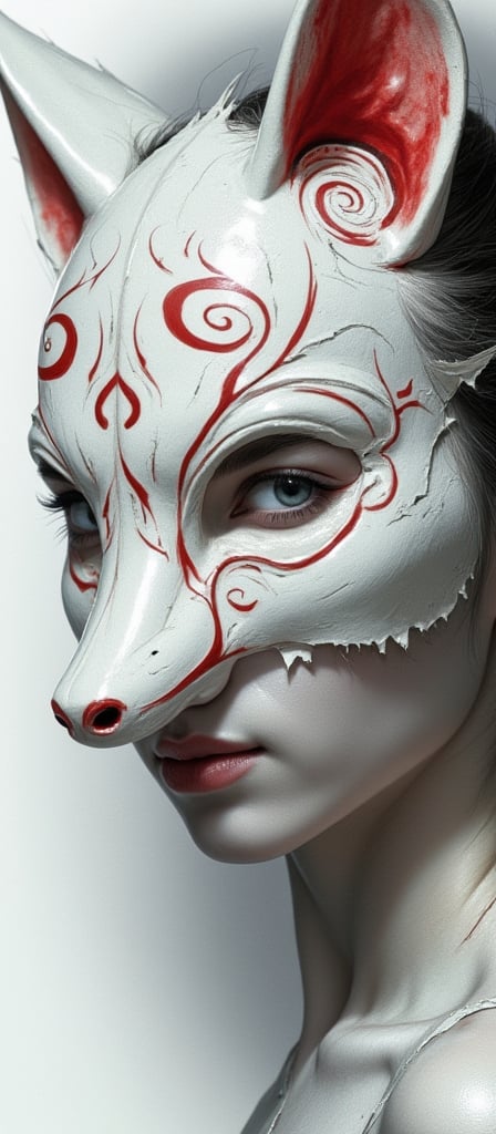 selective color. A close-up image of a breathtaking young woman wearing a half-broken Kitsune mask. The mask, adorned with swirling red accents, is crafted in white porcelain with a chipped edge and fox-like ears. It covers one side of her face, revealing her other strikingly beautiful features. The visible eye is deep and expressive. The image begins in a Charcoal sketch style, transitioning into soft, muted colors as the scene becomes more realistic. Dramatic lighting casts shadows across her face and mask, with an abstract white background that emphasizes the contrast between the mask and her features.,   