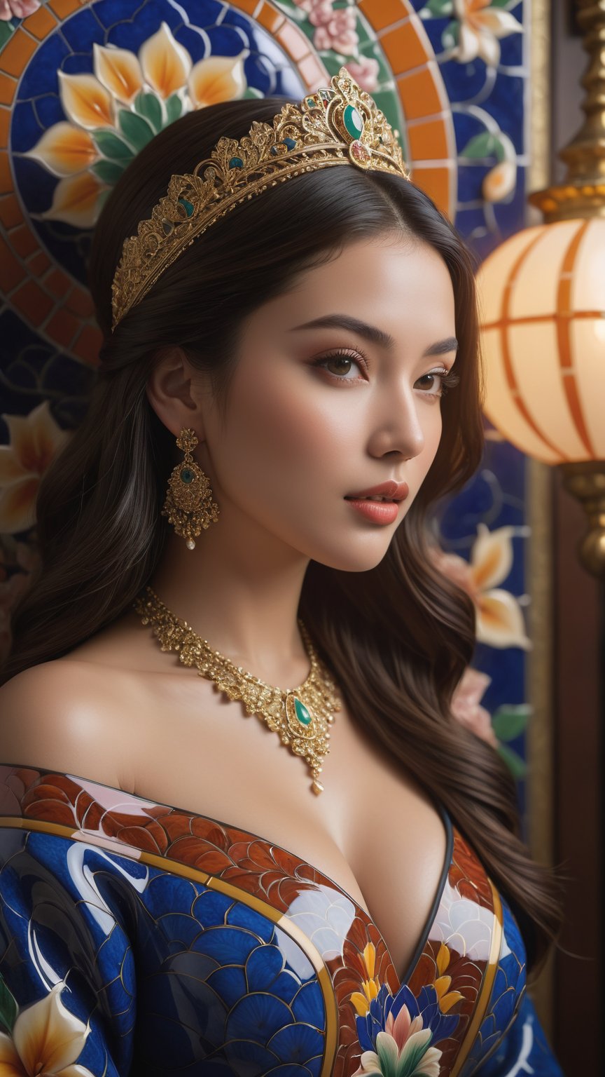 In a majestic, dark atmosphere, an exotic, voluptuous princess is depicted amidst intricate, elegant ceramic tile art featuring beautiful flowers. The smooth, sharp focus showcases the subject's refined features as she poses in front of a stunning, 8K ultra-detailed backdrop. Glowing effects enhance the ambiance, while vibrant colors pop against the rich, atmospheric background. With a deep depth of field and cinematic sensuality, this humorous illustration is a Masterpiece of concept art, blending hyperrealistic details with modelshoot style flair.