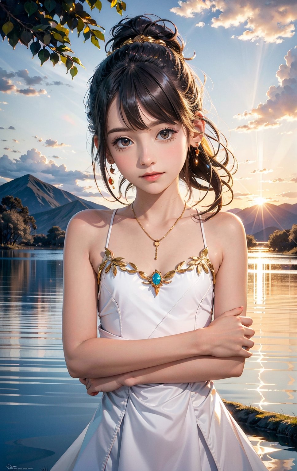 1 girl, serene expression, mesmerizing eyes, straight long hair, flowing dress, poised posture, porcelain skin, subtle blush, crystal pendant BREAK golden hour, (rim lighting):1.2, warm tones, sun flare, soft shadows, vibrant colors, painterly effect, dreamy atmosphere BREAK scenic lake, distant mountains, willow tree, calm water, reflection, sunlit clouds, peaceful ambiance, idyllic sunset, ultra detailed, official art, unity 8k wallpaper , zentangle, mandala,wearing wrenchpjbss,AIDA_LoRA_LauraB