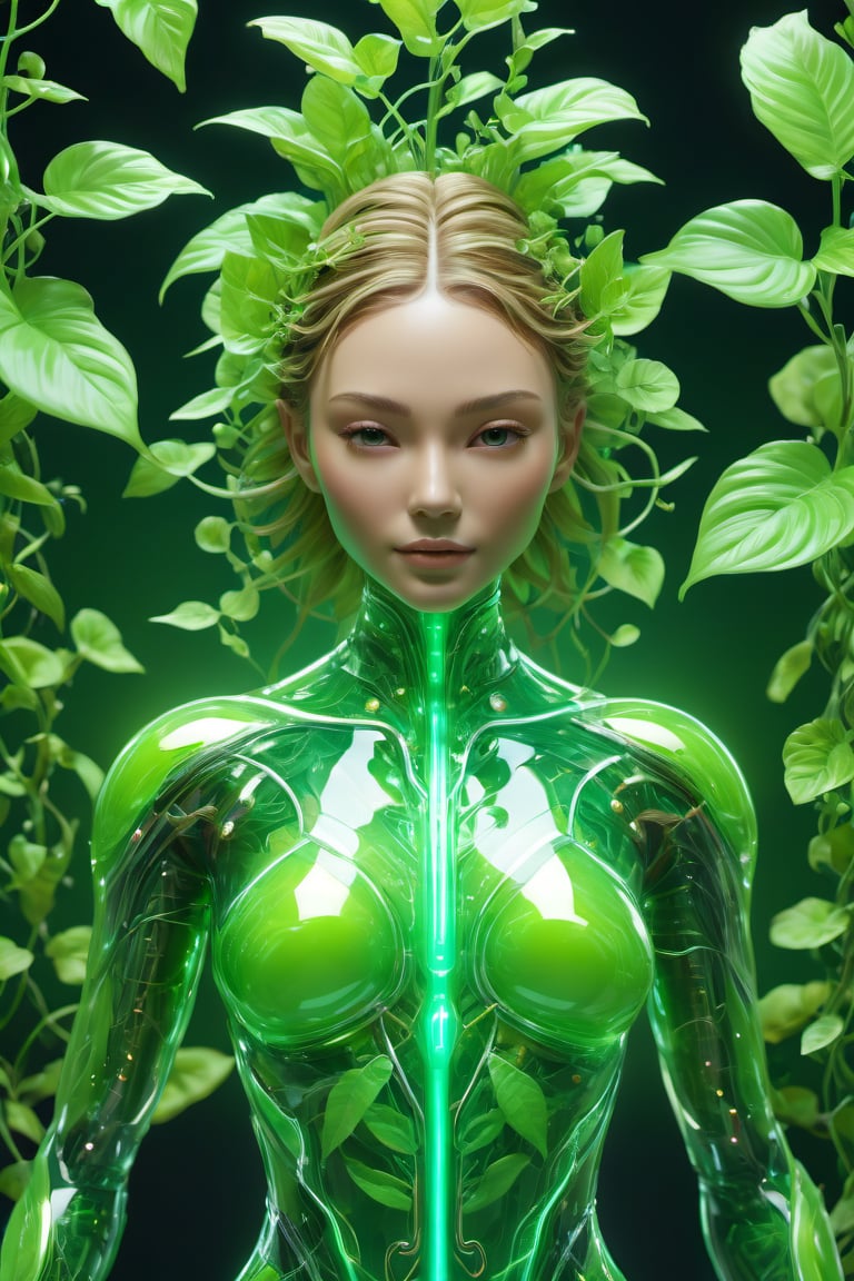 plants as part of a human female, body, front facing, full body, front side, subsurface scattering, vines everywhere, transparent, translucent skin, glow, bloom, Bioluminescent green liquid,3d style,cyborg style,Movie Still,Leonardo Style, warm color, earth green backround, vibrant, volumetric light