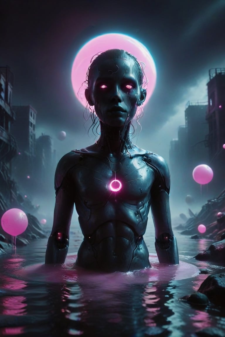 Create an image featuring a mysterious figure standing in a surreal, dark landscape surrounded by floating orbs with facial features against a moody pink and pastel blue scheme. This image will have a vaporwave aesthetic with a sinister style. Include intricate abstract swirl patterns emanating from the character's head to enhance the mystical vibe of the artwork. (standing on a river of neon pink liquid showcasing a slight joy in a vaporware dystopian future:1.1), A deep seeded nightmarish darkness orchestrates the terror beneath the somewhat bright cheery image displayed here giving chills to the v viewer. 
,zavy-cbrpnk