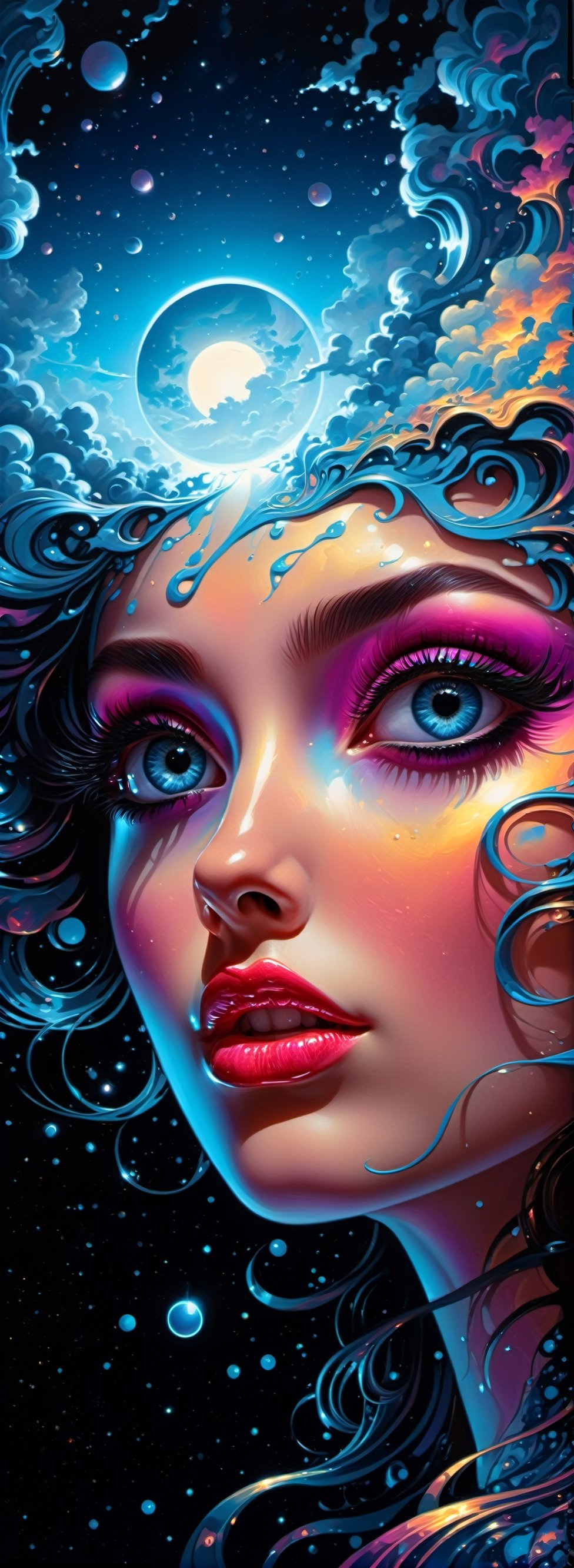 art By Dan Mumford, Masterpiece, Best quality, a beautiful girl in the sky surrounded by galaxies & psychedelic clouds, in the style of exotic fantasy landscapes, Paul Robertson, HD image, heavenly landscapes, uses shadows and lights to create a sense of depth and realism, dramatic lighting, perfect face, pretty glowing eyes, light eyes, dripping psychedelic liquid, bending reality,  realistic eyes, perfect nose, perfect lips, fix eyes, fix nose, ultra highly detailed, detailed, digital painting, highly detailed, intricate, intricate pose, Clarity, high quality, perfect composition., trending on artstation, sharp focus, studio photo, intricate details, highly detailed, by greg rutkowski,dripping paint,Movie Still