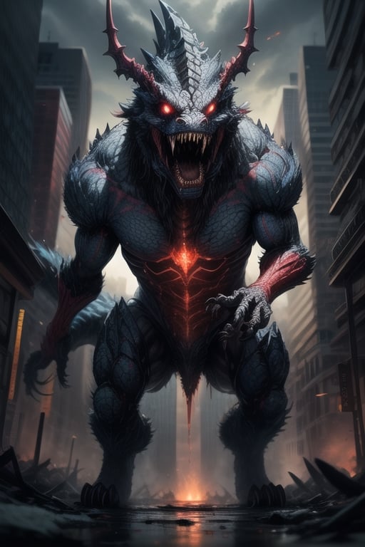 masterpiece, best quality, giant dragon beast, massive in size, absolutly terrifying appearance, glowing red blood colored eyes, thousands of rows of sharp teeth, giant massive size, scary atmpspher, dramtic lighting, 