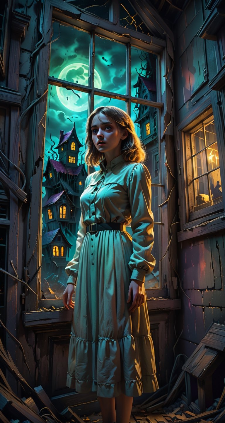 ultra high resolution, masterpiece, intricate detail, 4K, RAW Photo, best quality, sharp focus, A spooky scary haunted house in the 21st century, Night time, Cubism, art by Alex Gray, Woman standing outside of a Modern day digital art, Haunted house, muted colors, unnerving, horror themed attraction for thrill seekers looking for a fun and scary time, broken walls, holes in the roof, (ghosts in window), Digital art, cinematic lighting, hd, atmospheric, hyperdetailed, trending on artstation, deviantart, glow effect, it is a horror themed; it has defects in construction that make it unnerving and stressful;