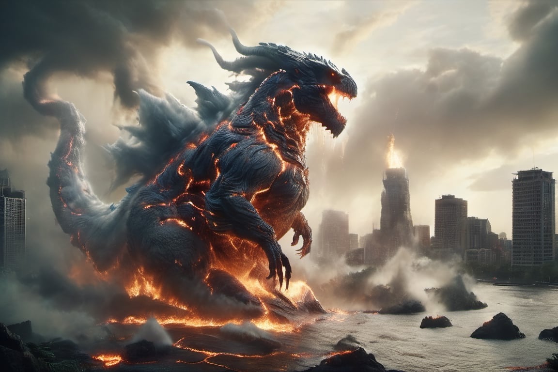 Cloud that looks like godzilla with spikes on its back and a long tail stands over a ruined city, roaring in anger. The sky is dark and stormy, and lightning flashes behind the monster. The buildings are broken and burning, and water floods the streets. The scene is terrifying and chaotic, and the people are fleeing in panic. The creature is Godzilla, the king of the monsters, and he is here to destroy everything in his path., ral-lava