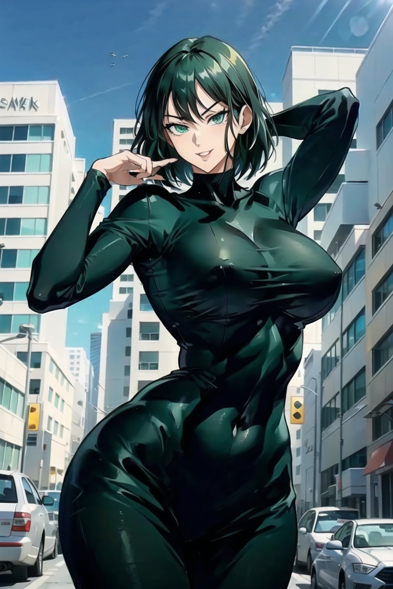 2d, masterpiece, best quality, anime, highly detailed face, highly detailed background, perfect lighting, detailed eyes, green_eyes, black hair, bob_cut, bobbed_hair, (full_body), medium_breasts, sexy pose, closeup_shot, (cowboy_shot), open-mouth, (ligth_smile), looking_at_viewer, pov, curvy_figure, curvy_hips, erotic pose, seductive_pose, seductive, standing_up, landscape, city_background, hands_above_head, red babydoll, ((babydoll)), ((fubuki(one punch man))), fubuki(one punch man)