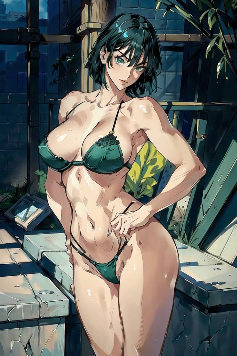 2d, masterpiece, best quality, anime, highly detailed face, highly detailed background, perfect lighting, detailed eyes, green_eyes, black hair, bob_cut, bobbed_hair, (full_body), sexy pose, picture, realistic_photo, High Angle HA, (medium full shot), (cowboy_shot), erotic pose, seductive_pose, seductive, standing_up, pool_background, poolside, hands on the hips, ((sexy lingerie)), red_lingerie, legs_spread, (topless), ((fubuki(one punch man))), panty_hose, lingerie, sexy lingerie, fubuki(one punch man)