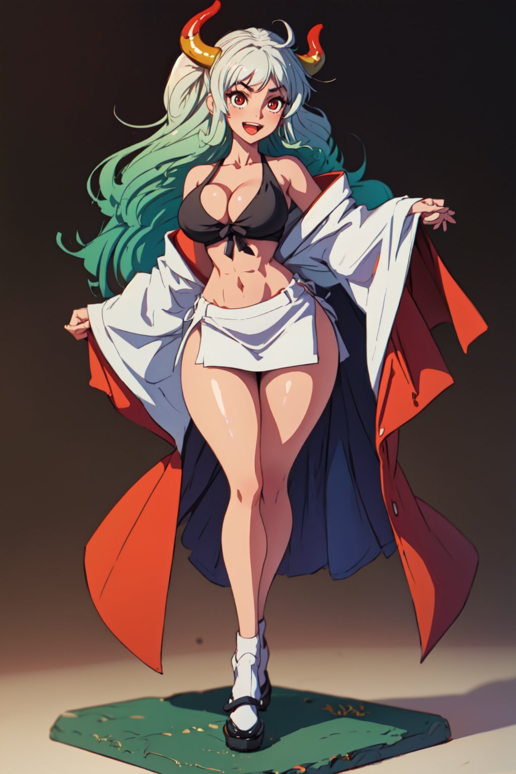 (best quality, masterpiece, ultra quality), 1girl, ((large_breasts)), (sticking_tongue_out), yamato\(one piece\), multicolored hair, white hair, green hair, oni horn, colored horn, long hair, red eyes, full_body, crop_top, (absolute_cleavage), short_skirt, ,crossed_legs_(standing), UHD, closeup_shot, (full_body), looking_at_camera, first-person_view, 8K, curvaceous, ((curvy_figure)), abs, tokyo_palace_background, perfecteyes, yamato\(one piece\),