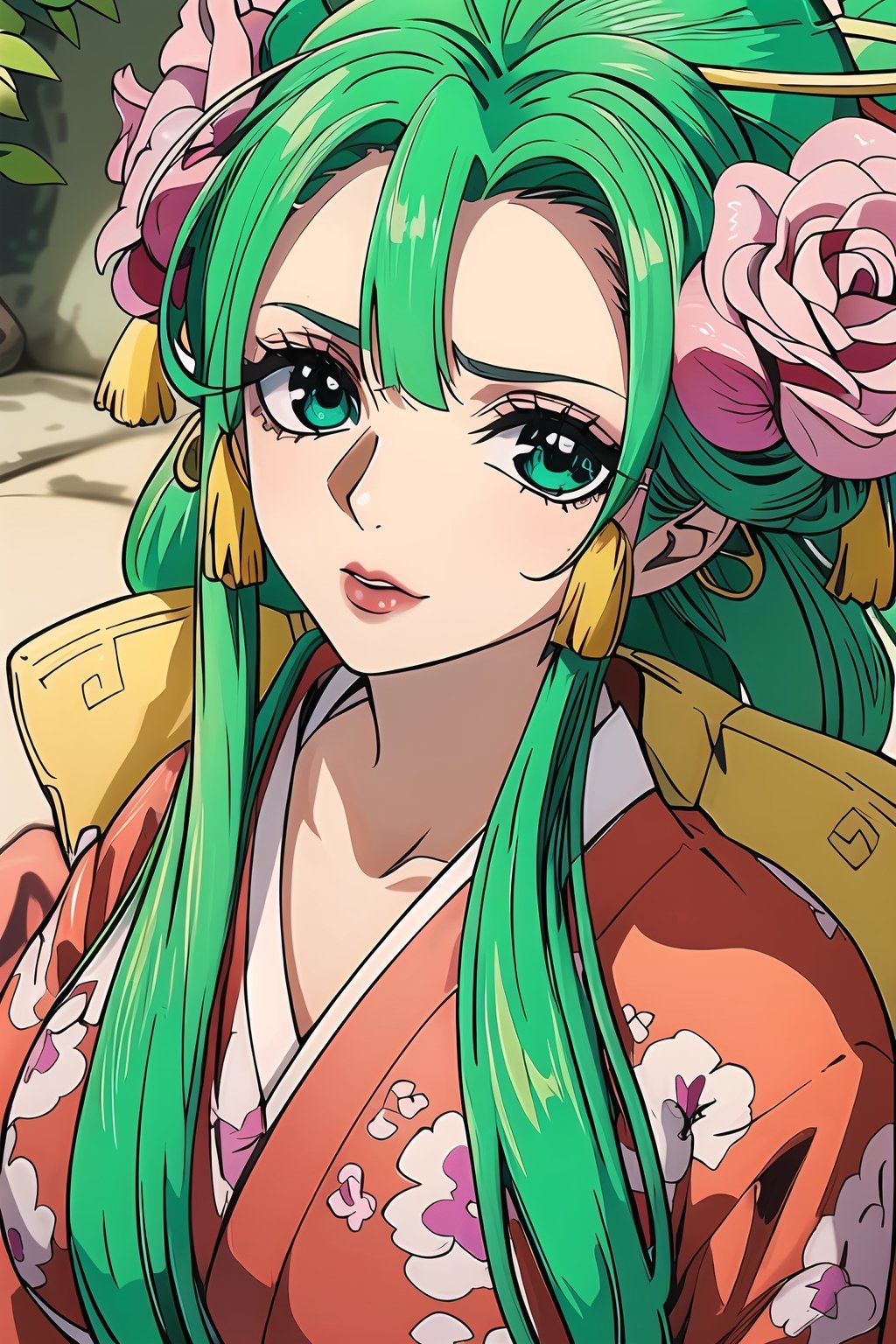 2d, high_resolution, masterpiece, (full-body_portrait), ((full_body)), (full_shot), perfectly detailed, detailed face, detailed eyes, beautiful eyes, looking at viewer, 1girl, large breast, biting_lips, seductive, first_person_pov, standing_up, green_hair, flower_in_hair, rose_in_hair, long-hair, curvaceous, emerald_eyes, green_eyes,  garden_background, flowers, garden, traditional clothes, kimono, print_kimono, kimono, overboob, absolute_cleavage, ,((KOZUKI HIYORI)), hiyori, kozuki_hiyori, 