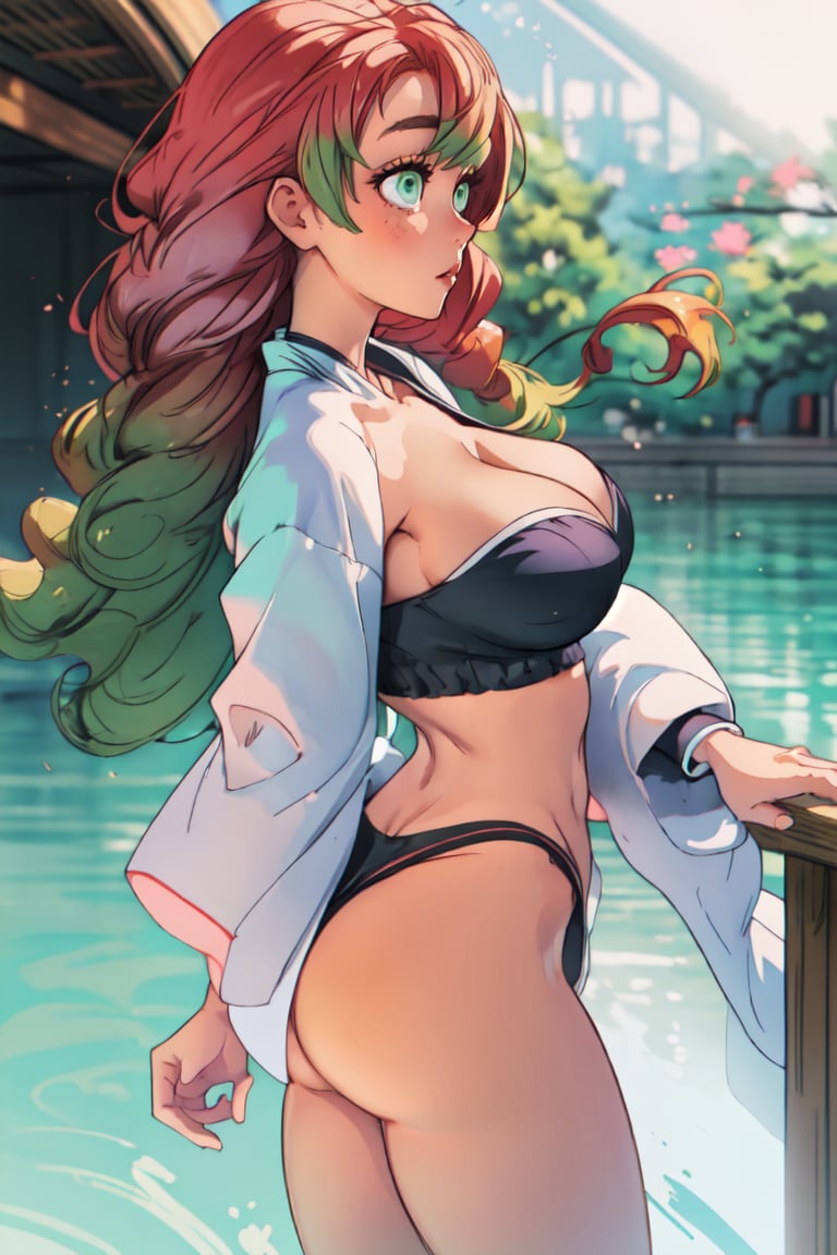 (best quality, masterpiece, ultra quality), 1girl, ((large_breasts)), white_yukata, crop_top, crossed_legs_(standing), curvy, perfect body, green_eyes, perfecteyes, (curvy_figure), curvaceous, full_body, full_shot, UHD, high_resolution, detailed face, perfect hands, perfect face, perfect eyes, back_view,  soaking_feet, japan_palace_background, mitsuri(demon slayer), perfecteyes