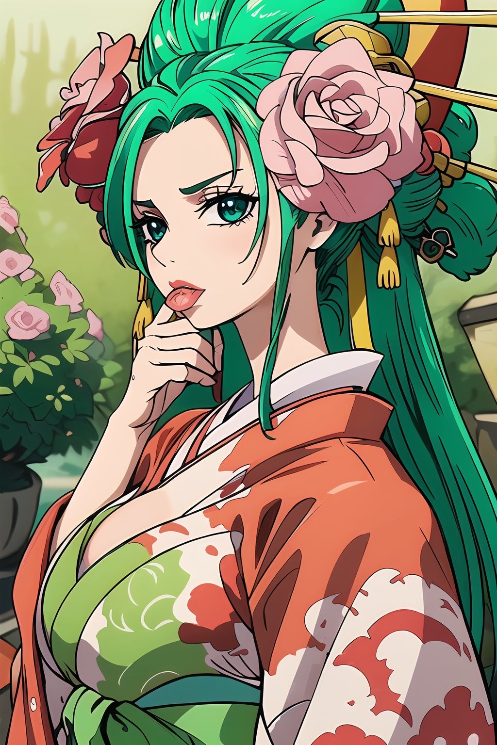 2d, high_resolution, masterpiece, (full-body_portrait), upper_body, low_angle_view, (medium_shot), perfectly detailed, detailed face, detailed eyes, beautiful eyes, looking at viewer, 1girl, large breast, biting_lips, seductive, first_person_pov, standing_up, green_hair, flower_in_hair, rose_in_hair, long-hair, curvaceous, emerald_eyes, green_eyes,  garden_background, flowers, garden, traditional clothes, kimono, print_kimono, kimono, overboob, absolute_cleavage, ,((KOZUKI HIYORI)), hiyori, kozuki_hiyori, 