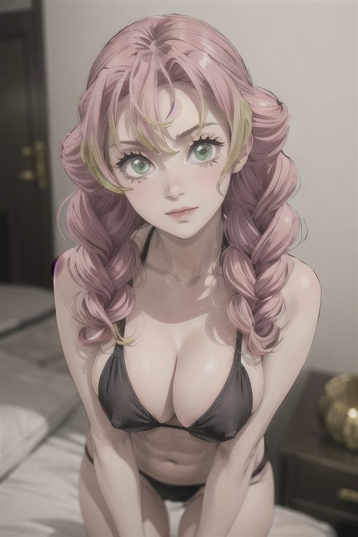 1 girl, no_clothes, ((black bikini)), perfect face, perky nipples, perfect nose,  masterpieces, green eyes,  closed mouth, 2_breasts, long hair, looking at viewer, full figure, standing, (curvy body), ((Mitsuri Kanroji)), photorealistic, Mitsuri Kanroji,Mitsuri Kanroji,girl,character