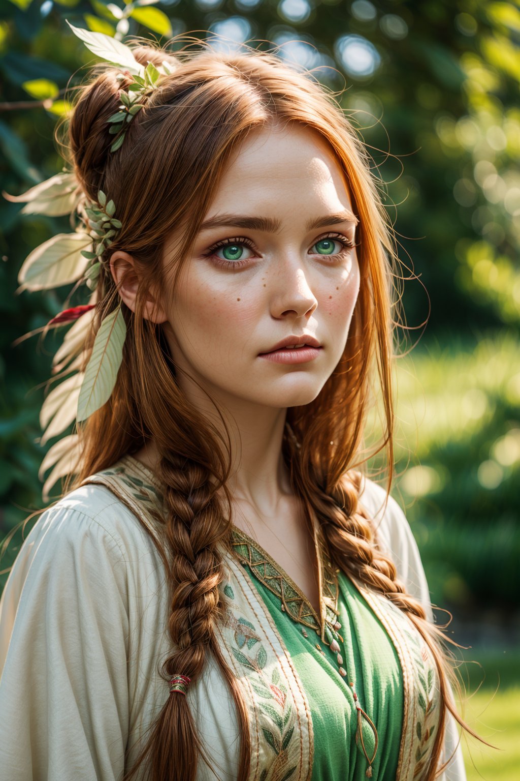 beautiful face Native irland woman, long ginger hair, light green eyes healer, traditional_clothing, natural mystical,