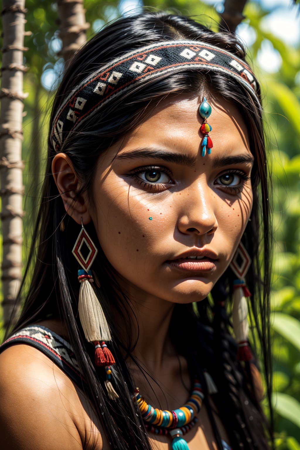 beautiful face Native Maya tribal woman, long black hair, hazel eyes healer, shaman, natural mystical,