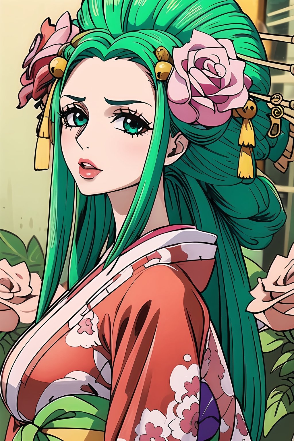 2d, high_resolution, masterpiece, (full-body_portrait), upper_body, low_angle_view, (medium_shot), perfectly detailed, detailed face, detailed eyes, beautiful eyes, looking at viewer, 1girl, large breast, biting_lips, seductive, first_person_pov, standing_up, green_hair, flower_in_hair, rose_in_hair, long-hair, curvaceous, emerald_eyes, green_eyes,  garden_background, flowers, garden, traditional clothes, kimono, print_kimono, kimono, overboob, absolute_cleavage, ,((KOZUKI HIYORI)), hiyori, kozuki_hiyori, 