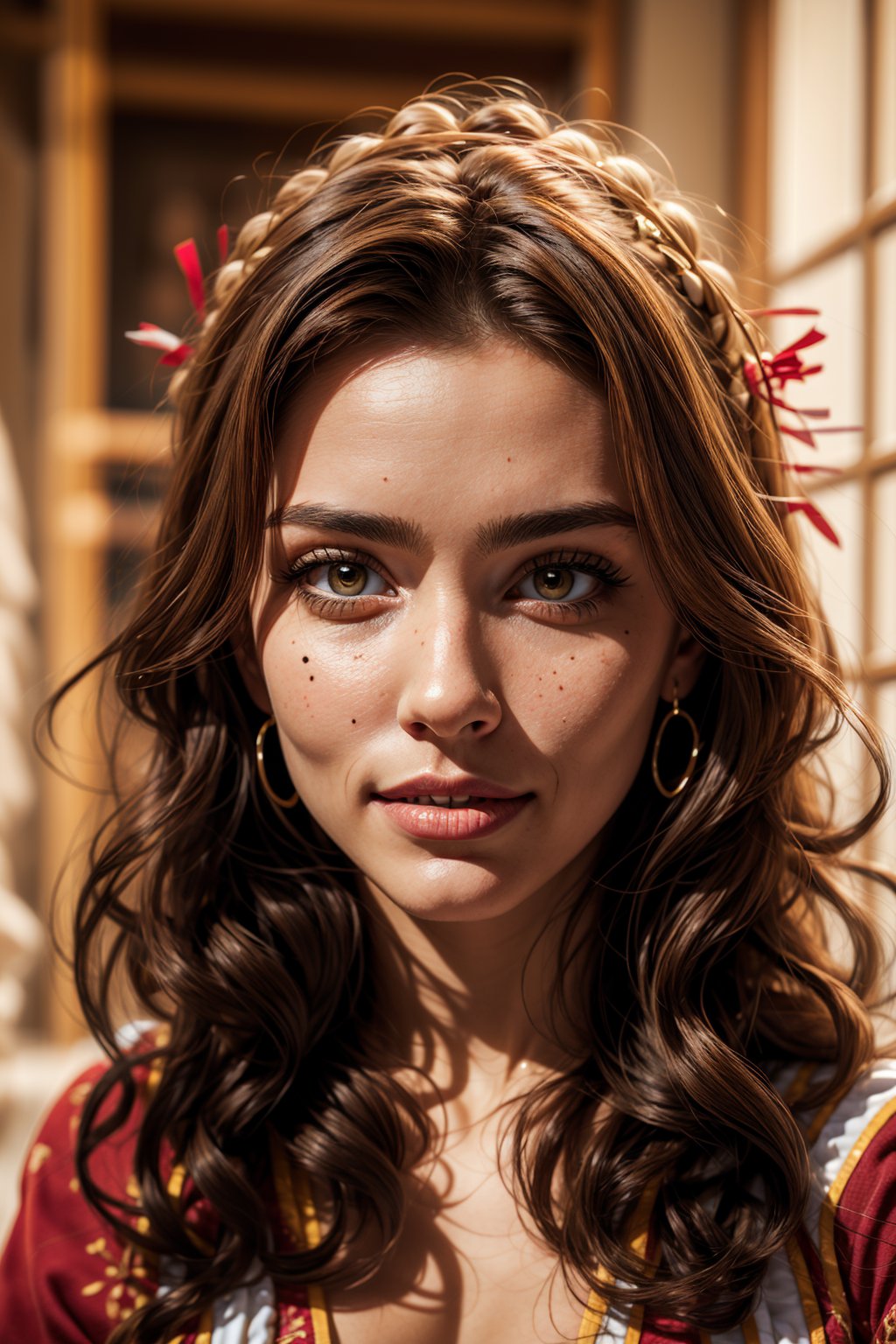 beautiful face Native Spain woman, long curly brunette hair, hazel eyes healer, traditional_clothing, mole_under_mouth, biting_lips, looking_at_camera,