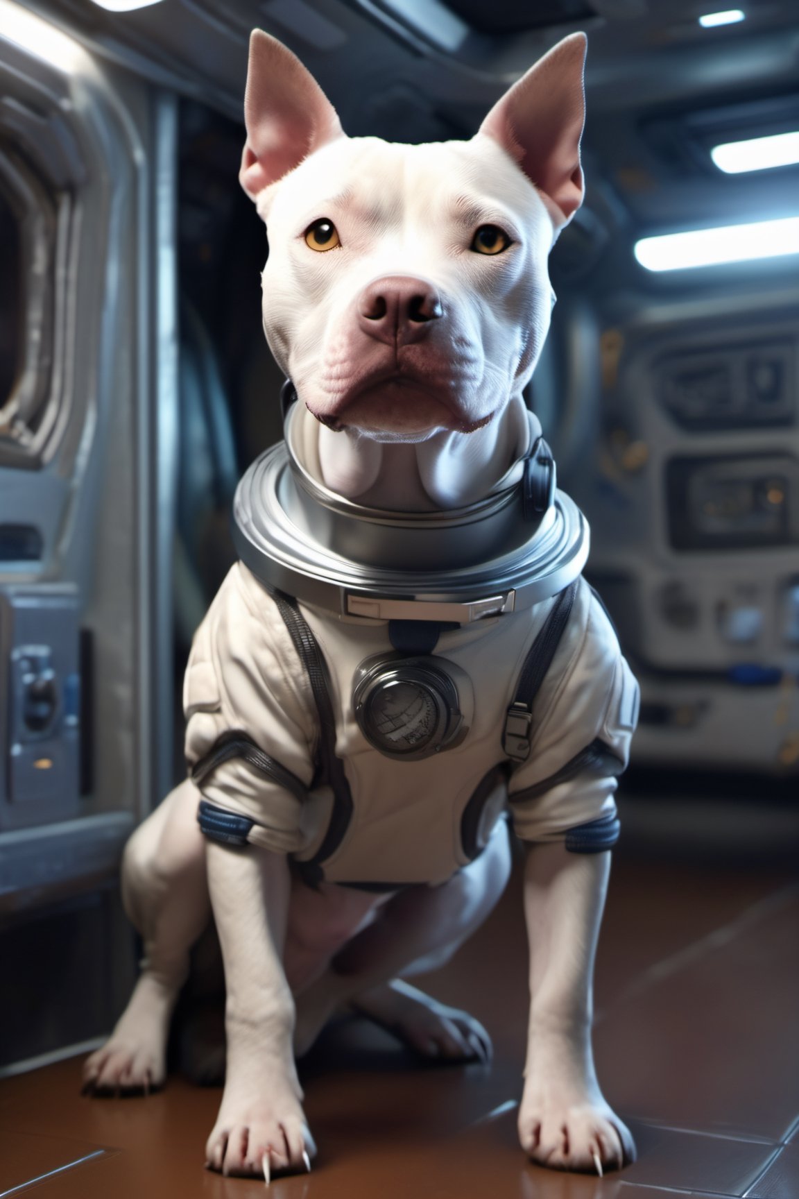 8K, Ultra-HD, Natural Lighting, Moody Lighting, Cinematic Lighting,
detailed,CG,unity,extremely detailed CG,extremely detailed,extremely detailed,Amazing,finely detail,official art,High quality texture,lots of fine detail,movie style, photography, natural textures, natural light, (looking_at_viewer), (frontal view),
solo,cute dog, (pit bull terrier), (pit bull terrier dog), full body spacesuit,on stomach,in the space station,