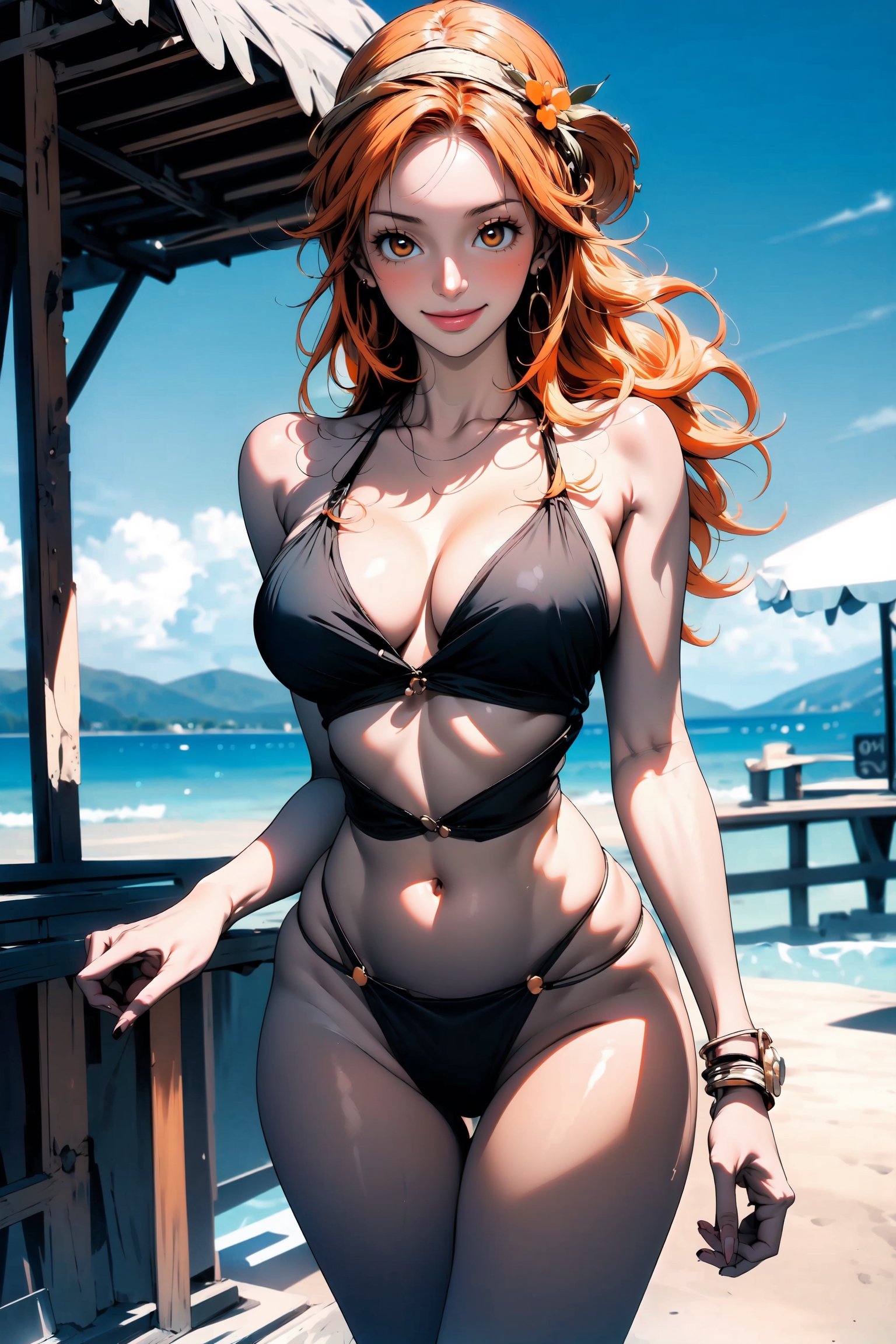 medium_body_portrait, (((Gorgeous woman with orange hair ))), ((oragen_hair)), long_hair, orange_eyes, nami/one pieces,  white_bikini_top, large_breast, standing_up, large_boobs,  floral summer dress,  straw hat, bare_feet, perfect feet, perfect finger,  mountains, sunny day, clear blue sky,  bright light,  vivid colors,  masterpiece,  intricate and elaborate details, (curvy_figure), perky, perfect legs, big smile,  beautiful,  daring, Realism,  top open,  cleavage cutout,  perfect, Detailedface, 3DMM, girl, ((NamiOP)),highres,midjourney,perfect