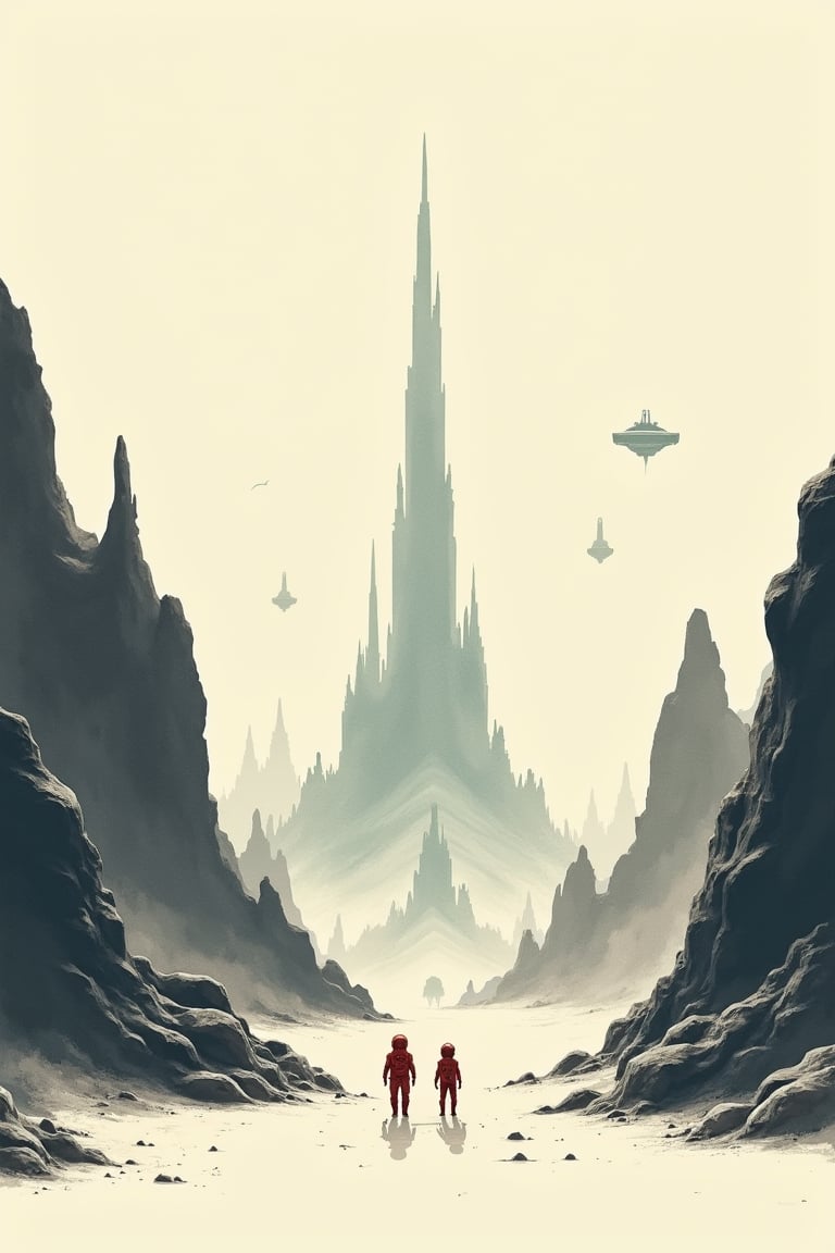 Minimalist watercolor art illustration combining woodcut techniques. It depicts a scene of rocky landscapes and high mountains on the planet LV-223, in the style of the movie Prometheus (2012), from the Alien universe. It highlights the contrast between the tiny silhouettes of the crew members in spacesuits and the spacecraft with which they land, against the imposing alien architectures. The scene has a retro-futuristic cinematic style, with a neutral color palette.