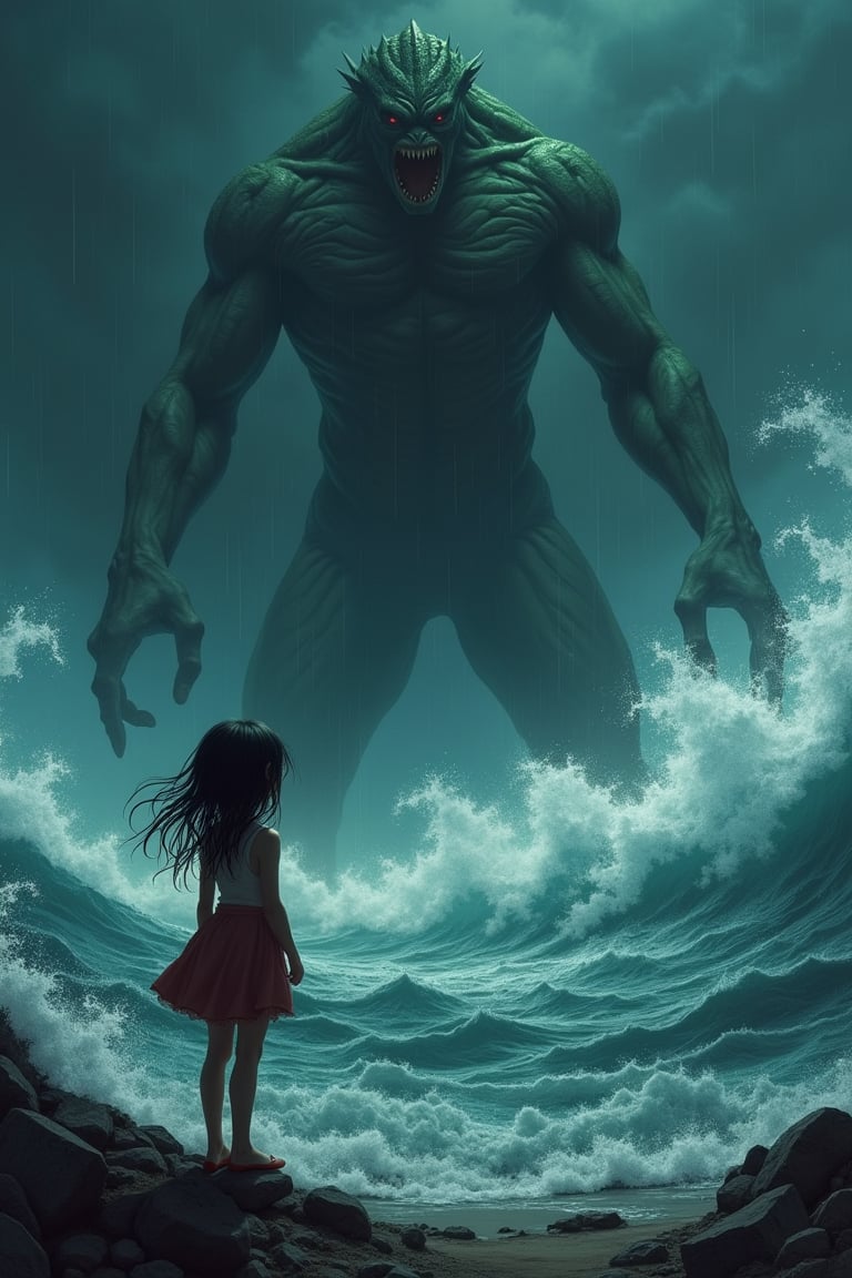 photography by Kazuo Umezu, Megaphobia, 1girl scared, Look up at the sky, Cthulhu Monster in the sky, Dark atmosphere, Tsunami, best detailed