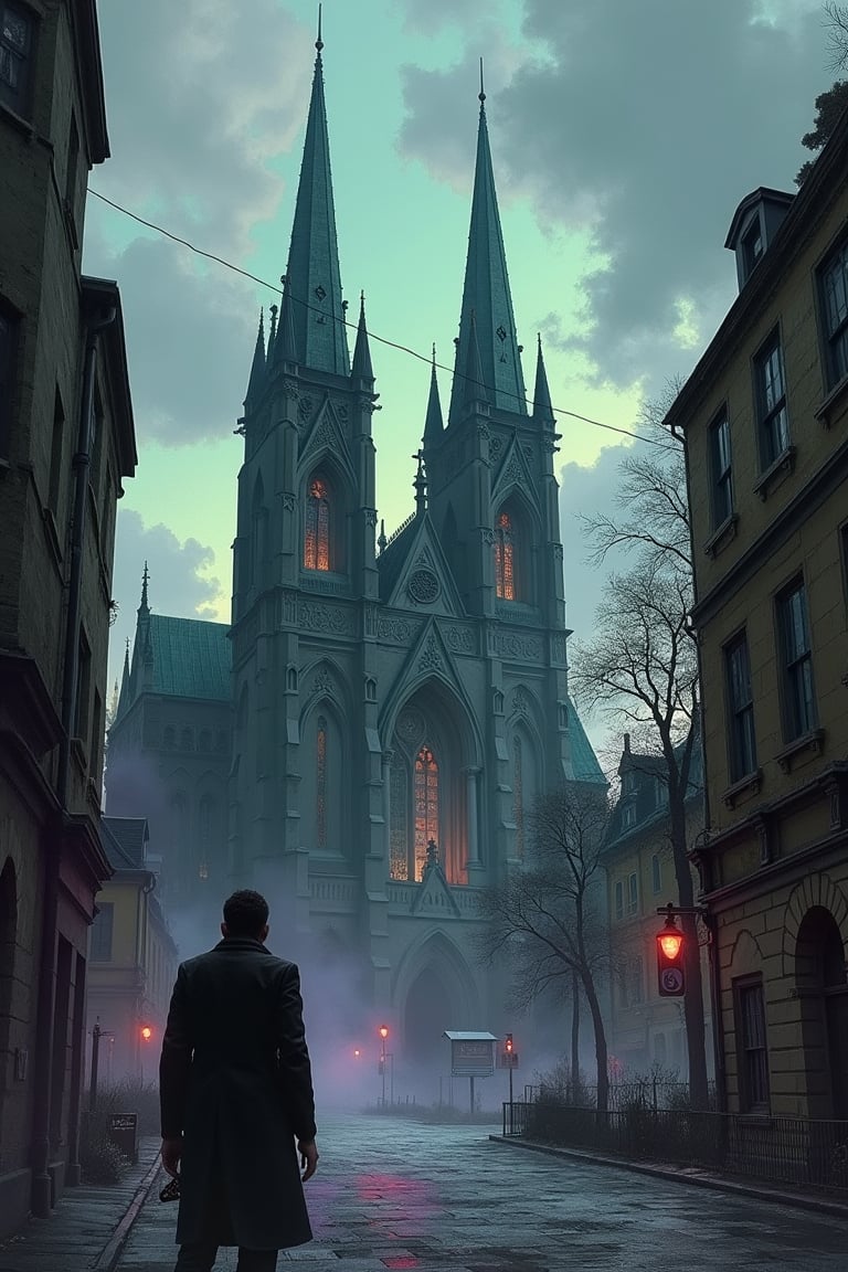 a painting of a gothic church with towers on a city street, a pop art painting, inspired by John Salminen, a man in a black tune in the foreground, grey clouds, scary atmosphere, digital art, gray and purple colours, surreal black and green