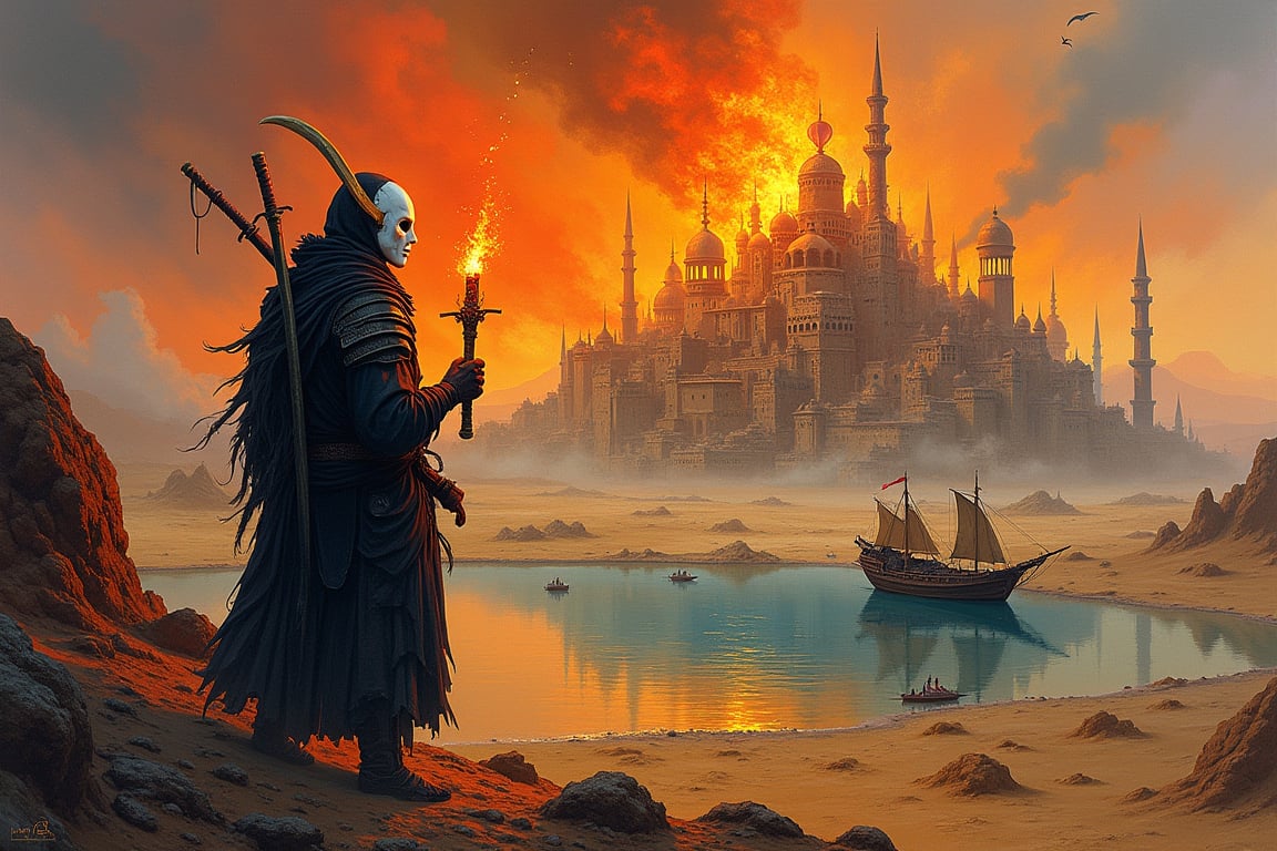 Epic fantasy artwork. Colored ink and oil painting. A sprawling ruined ancient city on fire, in the distance, surrounded by hostile desert lands, a vibrant oasis, ancient wooden shipwrecks, scattered minarets, distant sand dunes. A mysterious samurai figure, in the foreground, with a white death mask, caries a katana blade on his back, holding a torch with fire. An evocative scene, RPG, whimsical, arcane, hypermaximalism. 